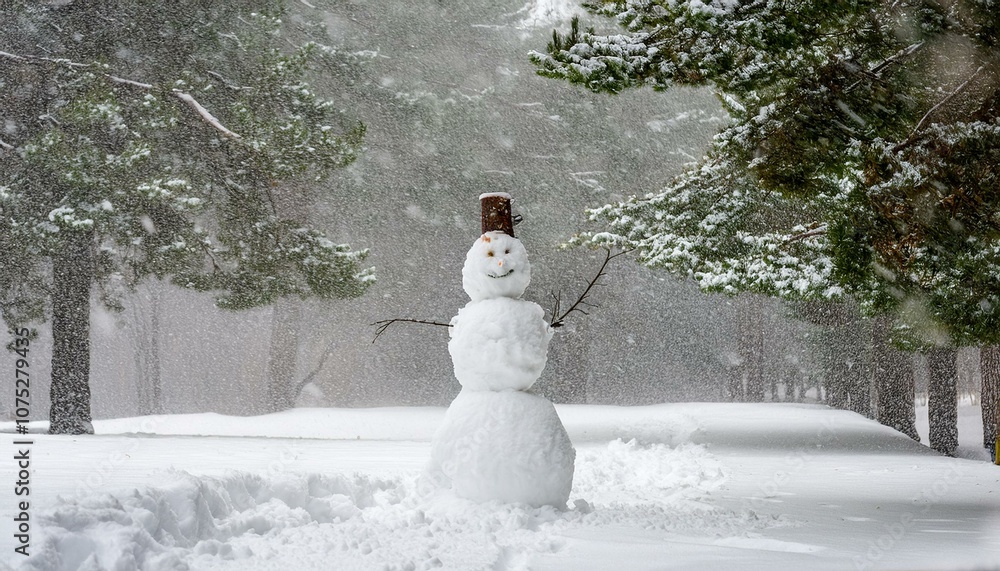 Fototapeta premium A snowman standing alone on a snowy day