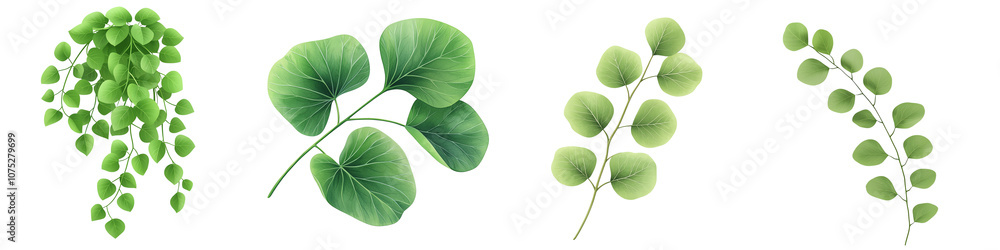 Four varieties of green leaves on a white isolate background, perfect for botanical themes and design. transparent background Four varieties of green leaves on a white isolate background, perfect for botanical themes and design. transparent background