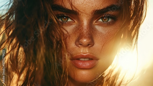 A captivating close-up portrait showcasing a woman with striking green eyes and freckles, illuminated by warm sunlight, exuding confidence and intrigue. photo