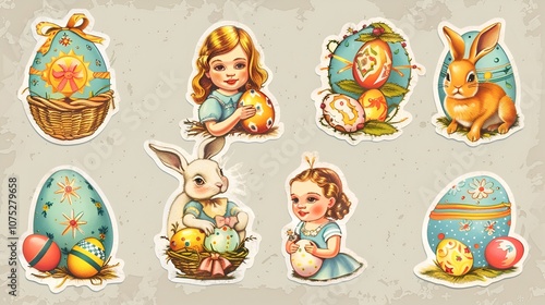 Vintage Easter Stickers with Eggs, Rabbits, and Children