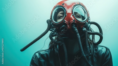 A compelling image of a mysterious figure wearing a striking red gas mask, creating a dramatic and post-apocalyptic atmosphere with an aura of survival and secrecy. photo