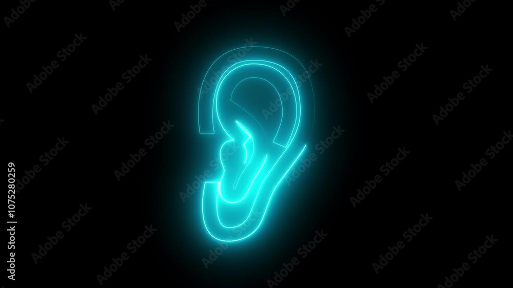 Ear icon animation by cyan neon on black background. Ear icon animation by cyan neon on black background.