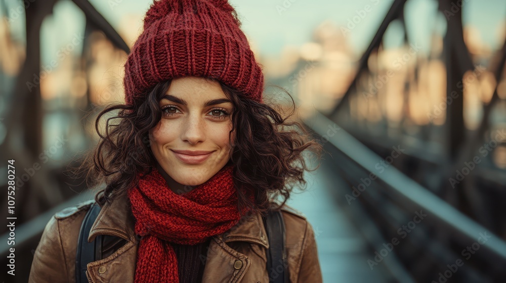 Portrait of a curly-haired girl in a cheerful mood wearing a cozy red knit hat and leather jacket, enjoying a sunny walk on a metallic bridge, creating a warming scene. Portrait of a curly-haired girl in a cheerful mood wearing a cozy red knit hat and leather jacket, enjoying a sunny walk on a metallic bridge, creating a warming scene.