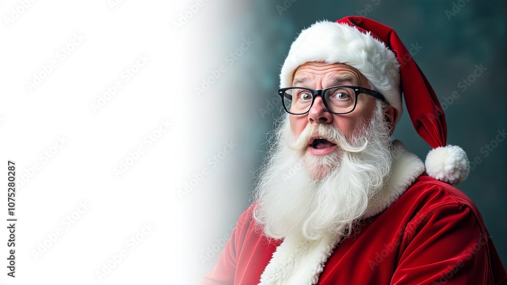 Shocked Santa Claus in eyeglasses on a white and blue background. Christmas background. christmas greeting card. copyspace Shocked Santa Claus in eyeglasses on a white and blue background. Christmas background. christmas greeting card. copyspace