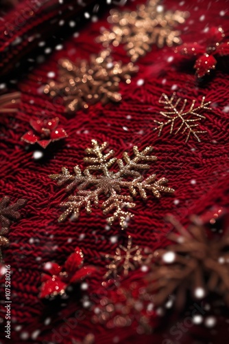 A close-up of red knit fabric adorned with shimmering golden snowflakes, dusted lightly with snow, evoking a cozy winter ambiance.