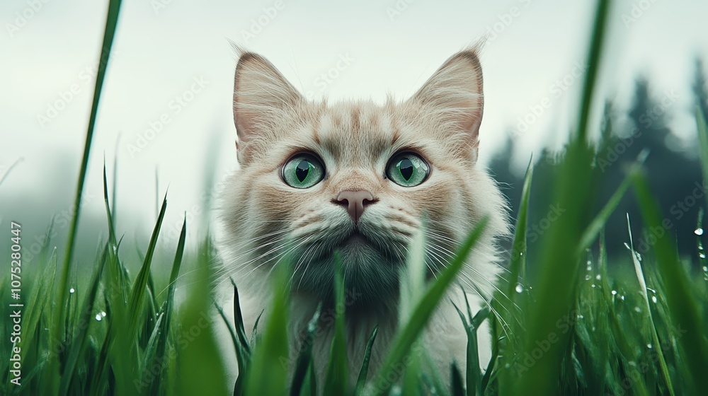 A mystical cat with intense green eyes gazes up among dew-covered grass blades, infusing a sense of enchantment and wonder against a backdrop of dawn mist. A mystical cat with intense green eyes gazes up among dew-covered grass blades, infusing a sense of enchantment and wonder against a backdrop of dawn mist.