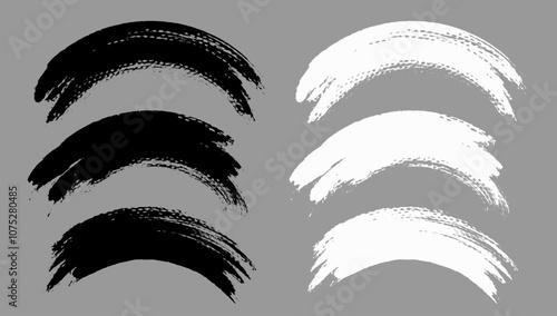 Brush stroke vector. Painted curves, arc lines, isolated. Grunge curvy backgrounds. Textured design elements. Black and white brush options