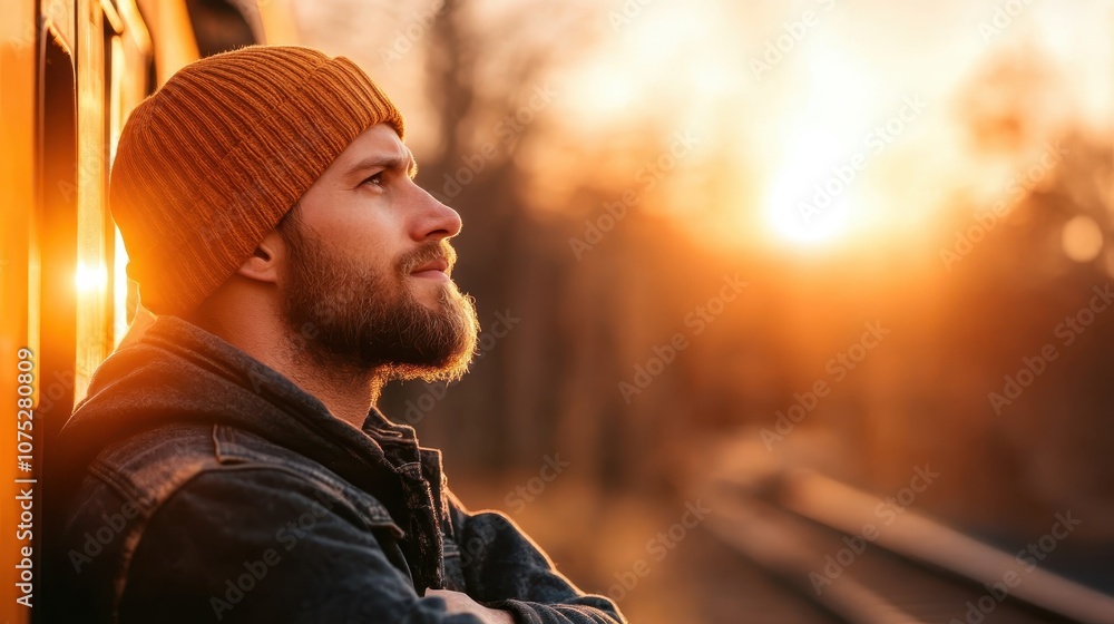 A contemplative man wearing an orange beanie leaning against a train window, captured at sunset, indelibly radiating warmth, thoughtfulness, and tranquility. A contemplative man wearing an orange beanie leaning against a train window, captured at sunset, indelibly radiating warmth, thoughtfulness, and tranquility.