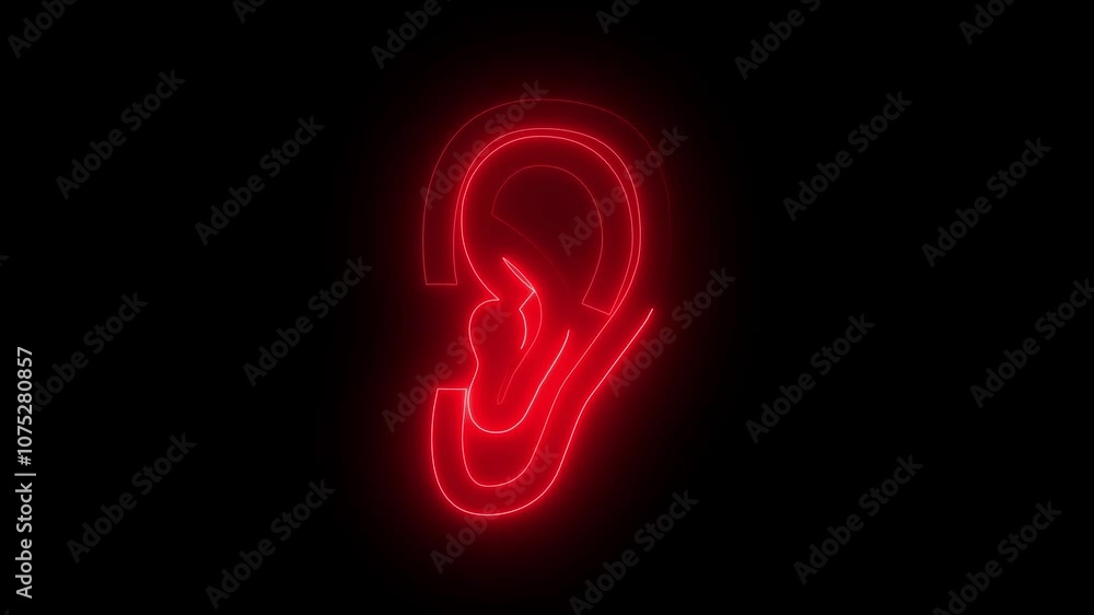 Ear icon animation by red neon on black background. Ear icon animation by red neon on black background.