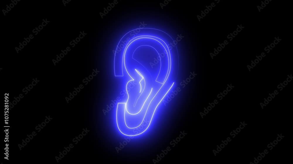 Ear icon animation by blue neon on black background. Ear icon animation by blue neon on black background.