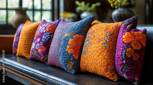 Colorful embroidered pillows arranged on a bench.