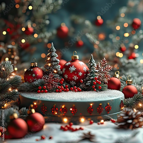 Red and green decorations, snowflakes, and Christmas ornaments, set in a snowy backdro