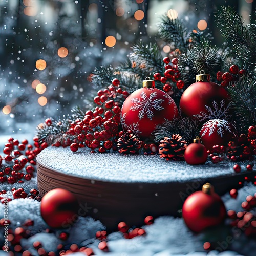 Red and green decorations, snowflakes, and Christmas ornaments, set in a snowy backdro