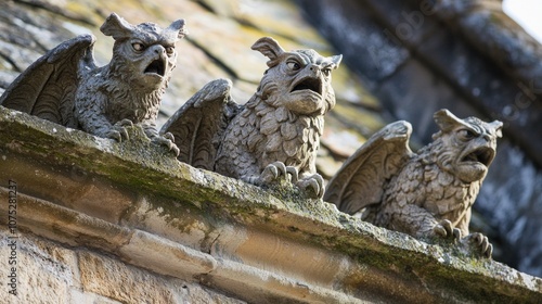 The ancient cathedral was adorned with gargoyles that perched menacingly on the rooftops, watching over the city photo