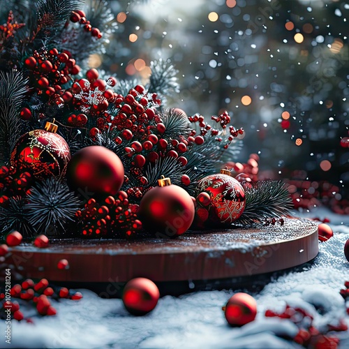 Red and green decorations, snowflakes, and Christmas ornaments, set in a snowy backdro