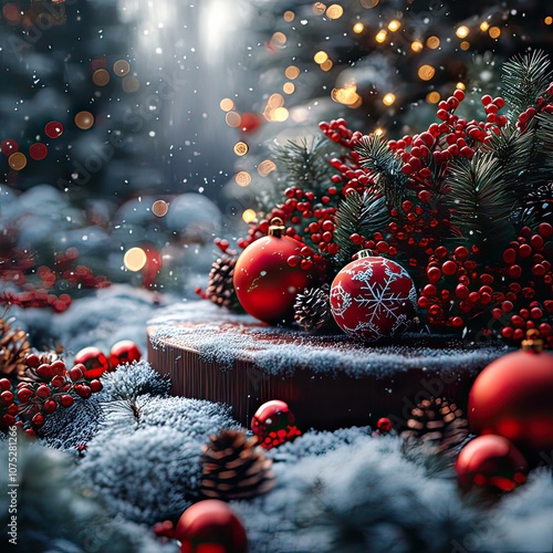 Red and green decorations, snowflakes, and Christmas ornaments, set in a snowy backdro