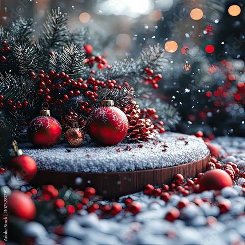 Red and green decorations, snowflakes, and Christmas ornaments, set in a snowy backdro