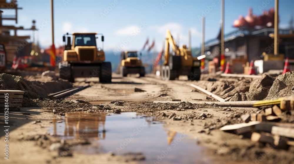 Construction site with bulldozer and excavator working under a cloudy sky. Construction site with bulldozer and excavator working under a cloudy sky.