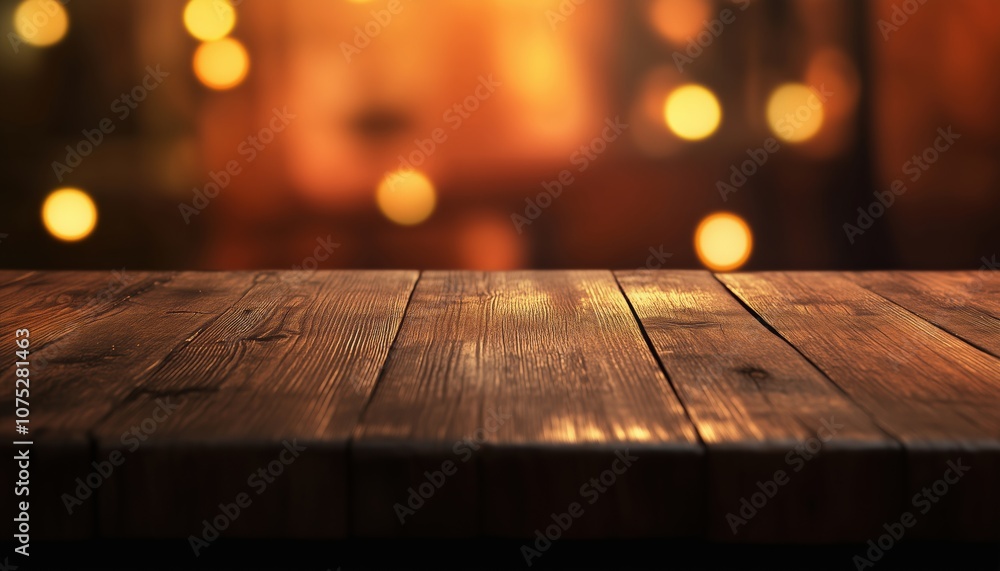 Elegant Empty Wooden Table Top Illuminated With Bokeh Lights In A Blurred Restaurant Background. A Sophisticated Dining Setting With Creative Lighting. Elegant Empty Wooden Table Top Illuminated With Bokeh Lights In A Blurred Restaurant Background. A Sophisticated Dining Setting With Creative Lighting.