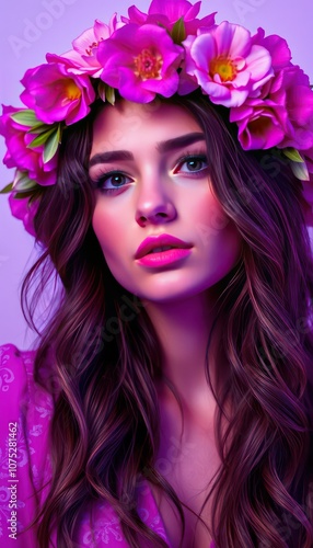 A Young Woman Poses Elegantly With a Floral Crown Against a Vibrant Purple Backdrop