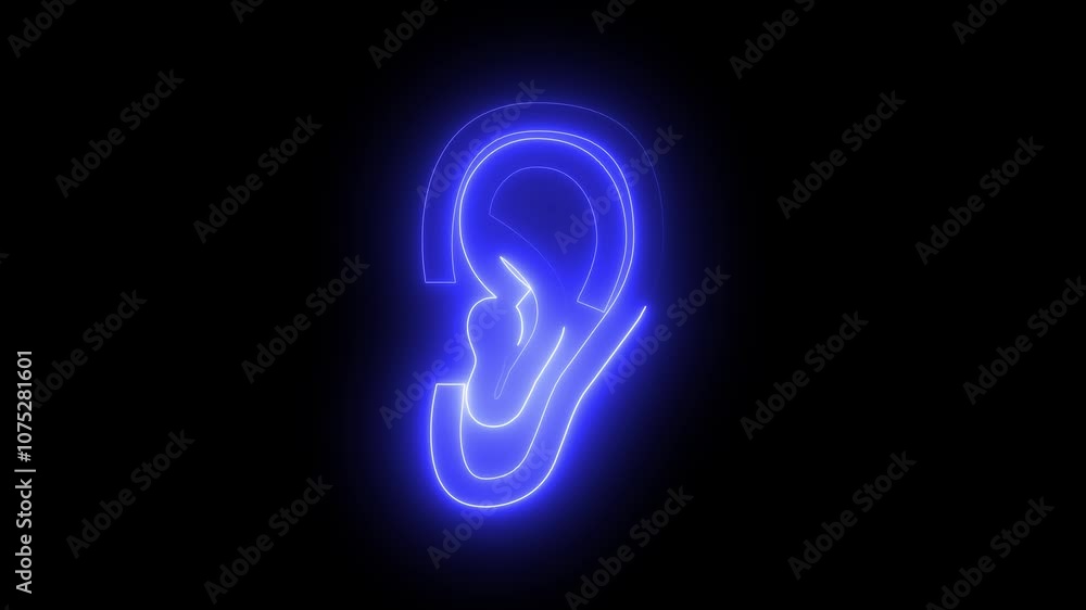 Ear icon animation by blue neon on black background. Ear icon animation by blue neon on black background.