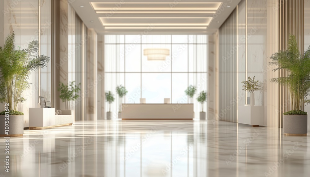 Fototapeta premium Modern Luxury White Room Space With Blurry Corridor And Glass Wall Window In Blurred Hotel Or Office Building Lobby Interior View.