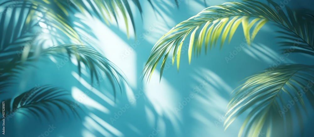 Palm leaves with light and shadows on a teal background. Palm leaves with light and shadows on a teal background.