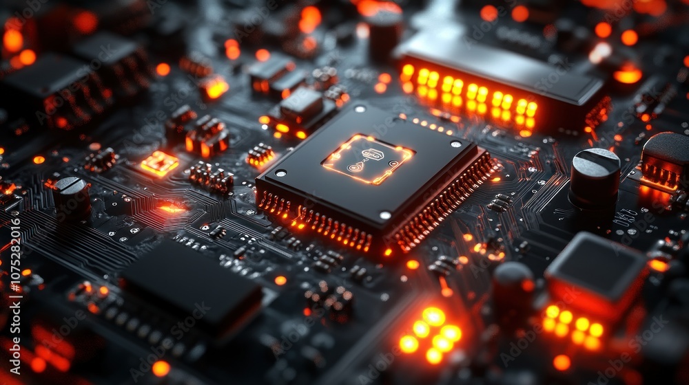Close-up of a circuit board with glowing components. Close-up of a circuit board with glowing components.