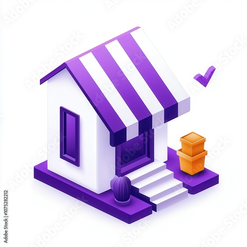 A vibrant, stylized illustration of a small house with a striped awning and an orange box, emphasizing modern design and inviting aesthetics.