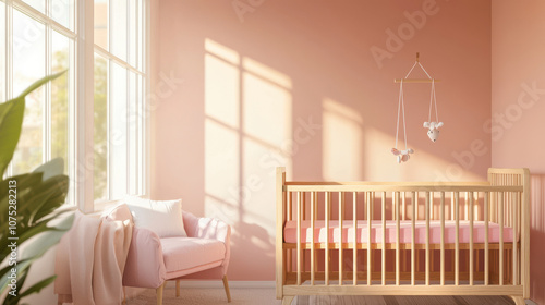 A serene nursery featuring a wooden crib and pink accents, bathed in natural light, ideal for a cozy baby space.