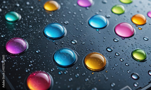 Wallpaper Mural Colorful water droplets on a dark surface create a vibrant and abstract pattern Torontodigital.ca