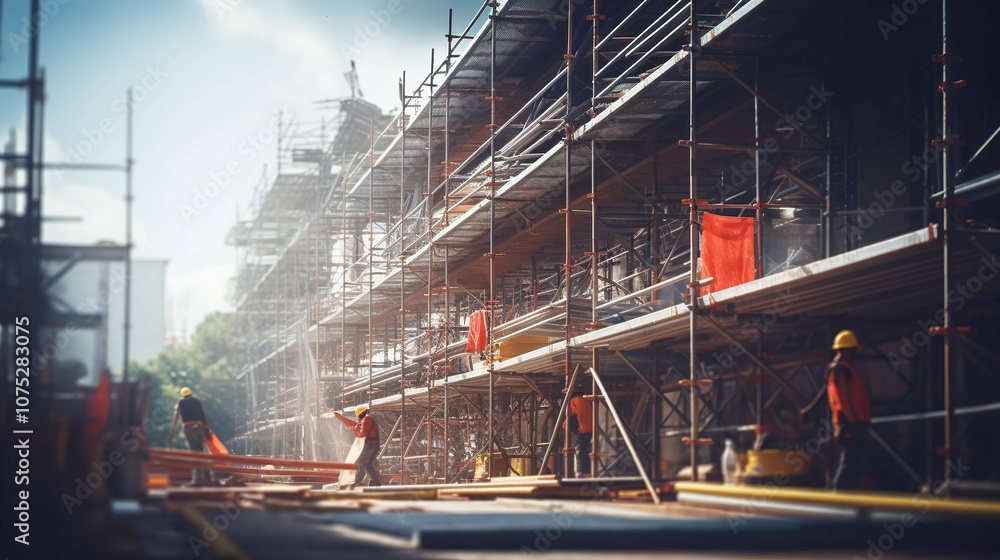 Naklejka premium Construction site with scaffolding and workers in safety gear during early morning light.