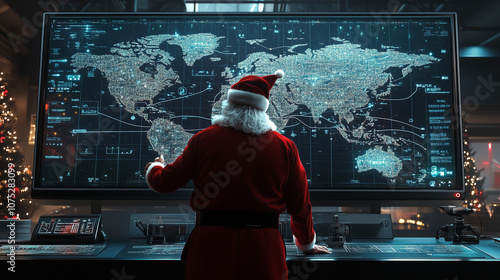 Santa Claus planning his global gift delivery route, analyzing a digital technology world map in a high-tech command center. A blend of Christmas magic and innovation. Image made using Generative AI.