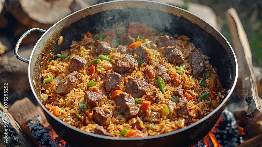 A large pot of savory beef and vegetable rice cooking over an open fire at a campsite on a sunny day A large pot of savory beef and vegetable rice cooking over an open fire at a campsite on a sunny day