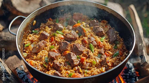 A large pot of savory beef and vegetable rice cooking over an open fire at a campsite on a sunny day