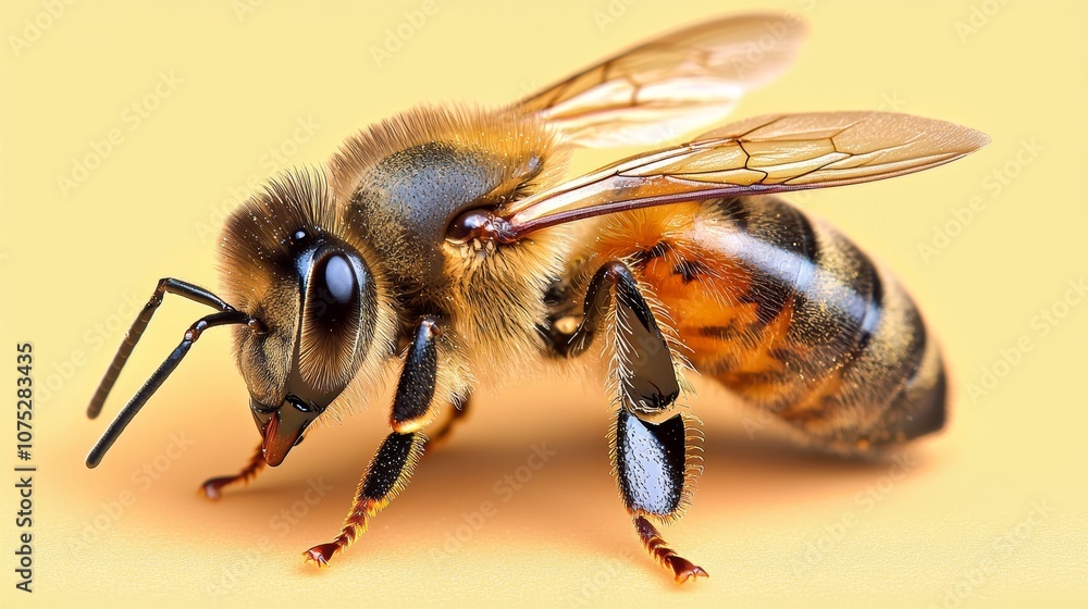 A close-up of a bee showcasing its fuzzy body and detailed wings against a soft yellow background. A close-up of a bee showcasing its fuzzy body and detailed wings against a soft yellow background.