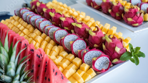 A vibrant fruit platter featuring fresh dragon fruit, watermelon, and mango, artfully arranged for a colorful presentation.