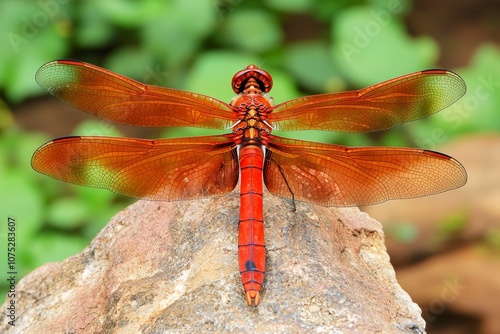Wallpaper Mural A vivid red dragonfly rests on a rock, showcasing its intricate wings against a backdrop of green foliage. Torontodigital.ca