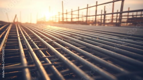 Close-up of steel rods with a warm sunset background, industrial materials concept.