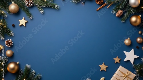 A Festive Christmas Background with Golden Ornaments and Pine Branches for Holiday Celebrations