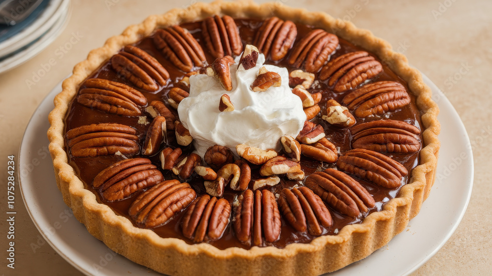 A delicious pecan pie topped with whipped cream and crushed pecans, featuring a golden brown crust and rich filling, perfect for dessert lovers. A delicious pecan pie topped with whipped cream and crushed pecans, featuring a golden brown crust and rich filling, perfect for dessert lovers.
