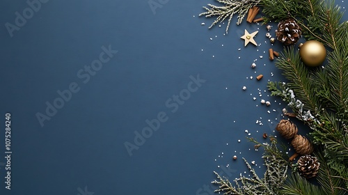 A Festive Christmas Background with Golden Ornaments and Pine Branches for Holiday Celebrations