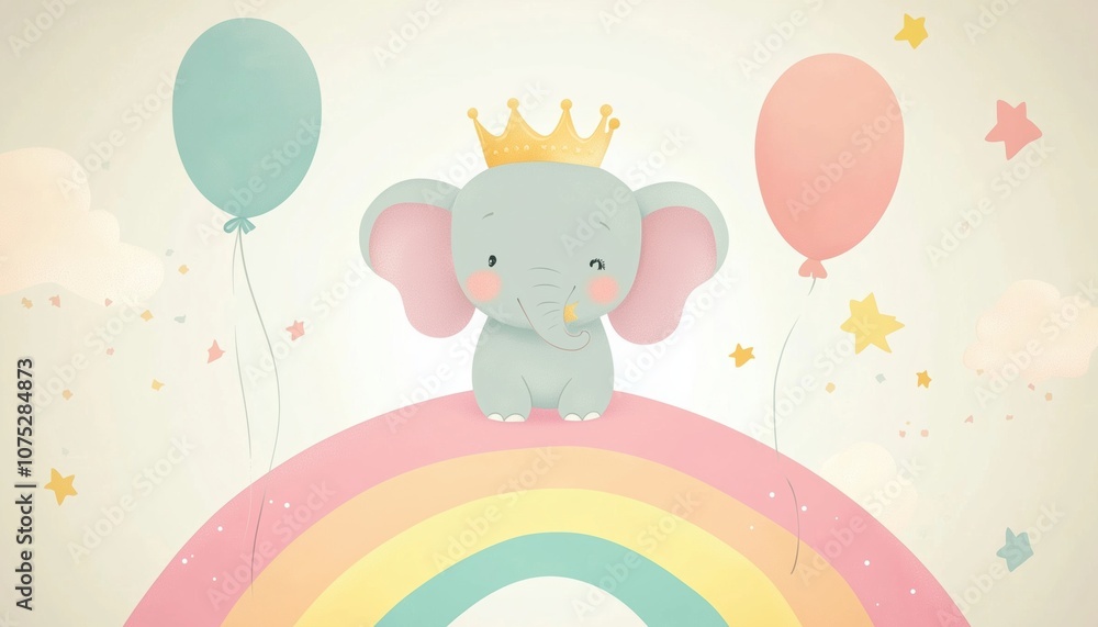 Adorable Baby Elephant Wearing A Crown And Holding A Balloon, Resting On A Vibrant Rainbow In A Charming Scene. Adorable Baby Elephant Wearing A Crown And Holding A Balloon, Resting On A Vibrant Rainbow In A Charming Scene.