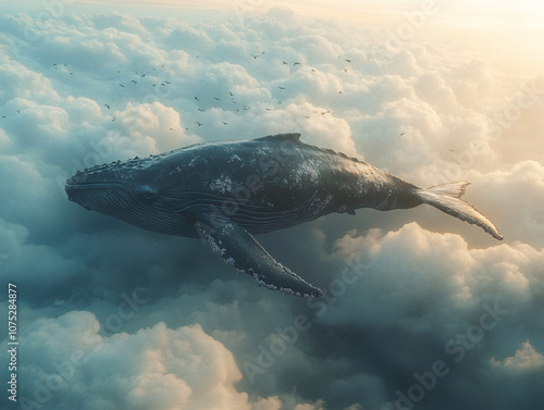 a whale breaching in the cloud ocean, creating a spray of water and splashing it up into the air. photo