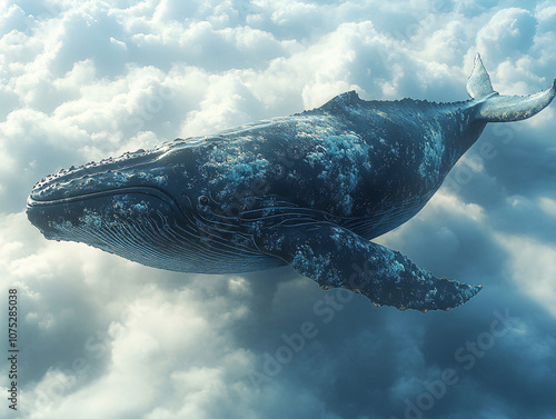 a whale breaching in the cloud ocean, creating a spray of water and splashing it up into the air. photo