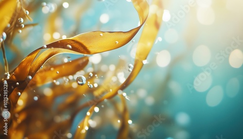 Close-Up Underwater Capture Of Giant Kelp And Sargassum Seaweed Drifting On Ocean Surface With Bokeh Effect And Bubble Details. photo