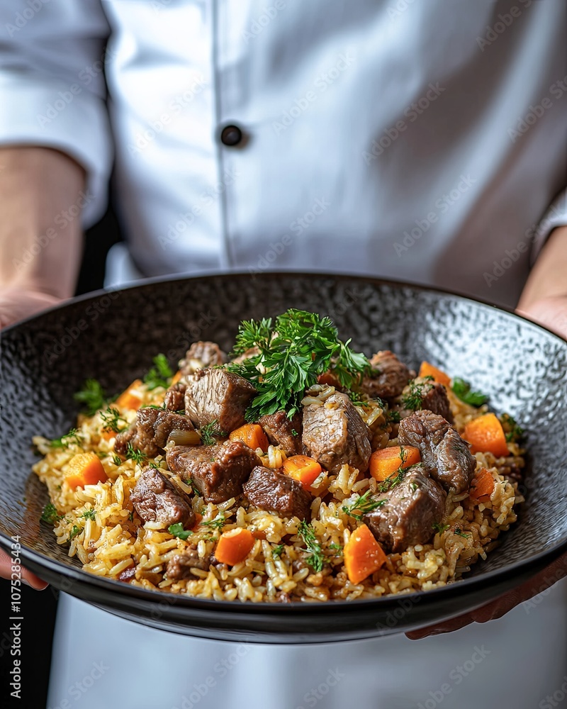 A skilled chef presents a delicious plate of tender beef with rice and carrots, showcasing culinary artistry in a well-lit kitchen A skilled chef presents a delicious plate of tender beef with rice and carrots, showcasing culinary artistry in a well-lit kitchen