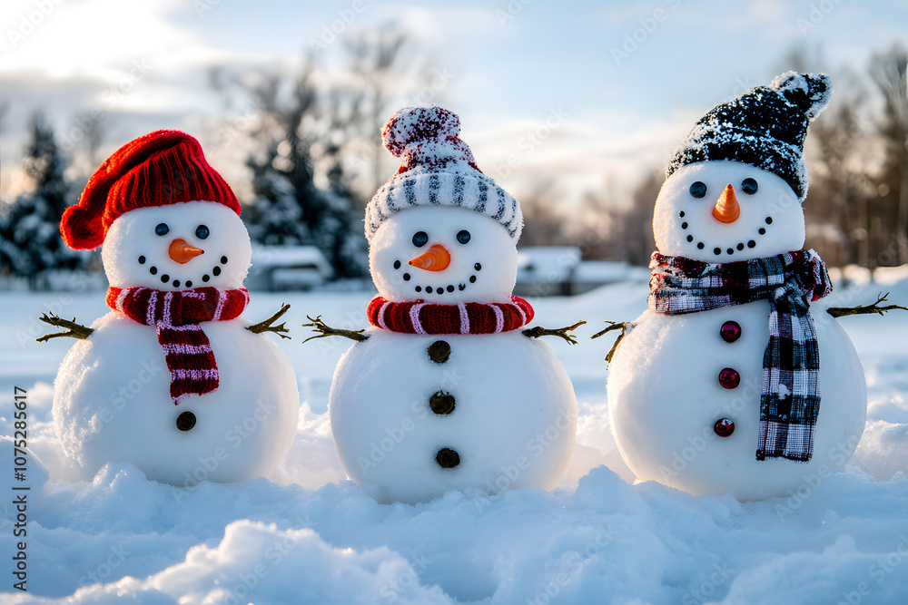 Charming snowmen with colorful hats and scarves in a snowy landscape, perfect for winter holidays, Christmas themes, festive decor, and cheerful outdoor scenes Charming snowmen with colorful hats and scarves in a snowy landscape, perfect for winter holidays, Christmas themes, festive decor, and cheerful outdoor scenes