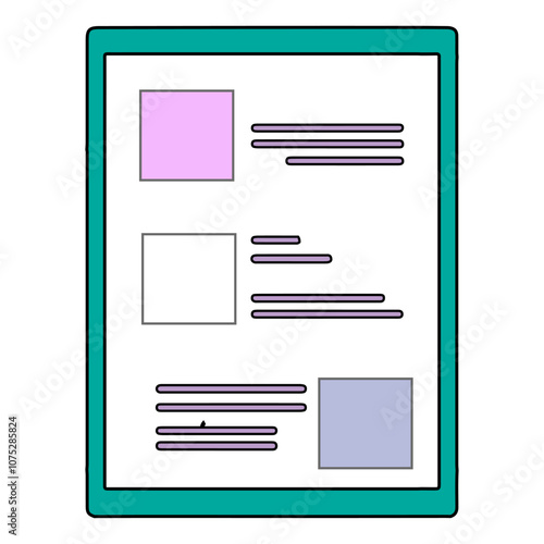 Digital tablet displaying a user interface design with colorful boxes and text elements