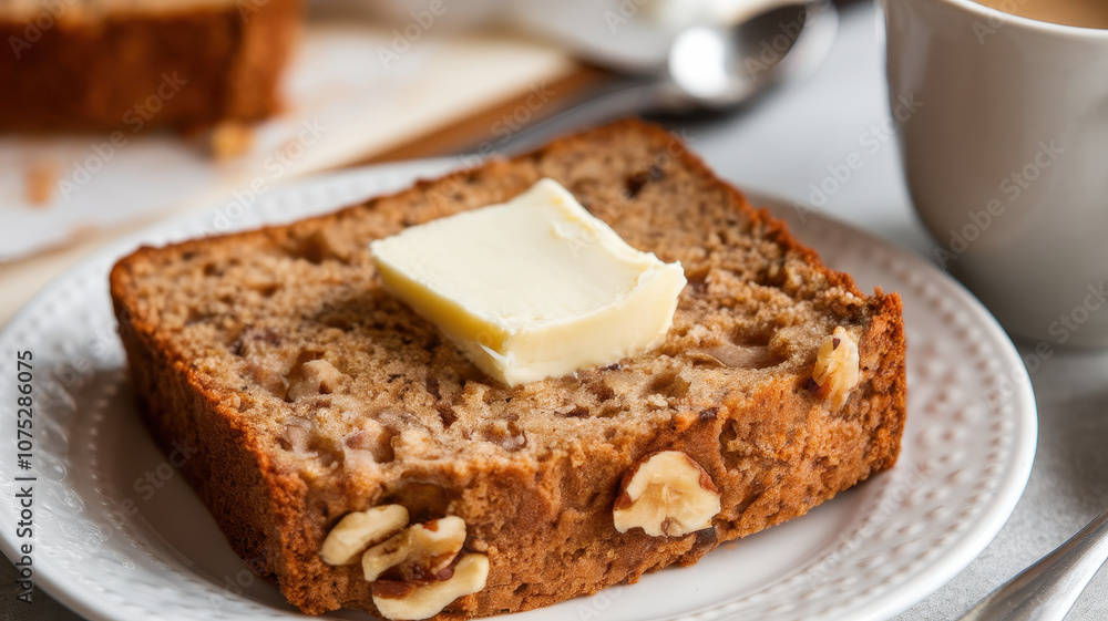 A slice of moist walnut bread topped with a pat of creamy butter, placed on a decorative white plate, with a warm cup of coffee in the background. A slice of moist walnut bread topped with a pat of creamy butter, placed on a decorative white plate, with a warm cup of coffee in the background.
